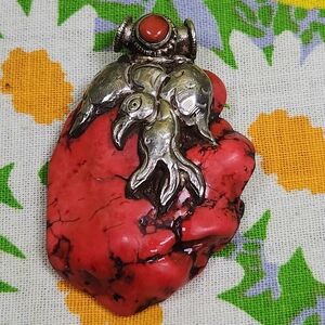 Vintage 90s Handmade Red Turquoise Dyed Howlite Sterling Silver Pendant